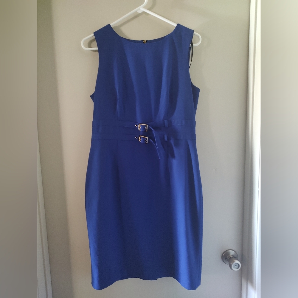 Calvin Klein Blue Sheath Dress with gold buckle belt